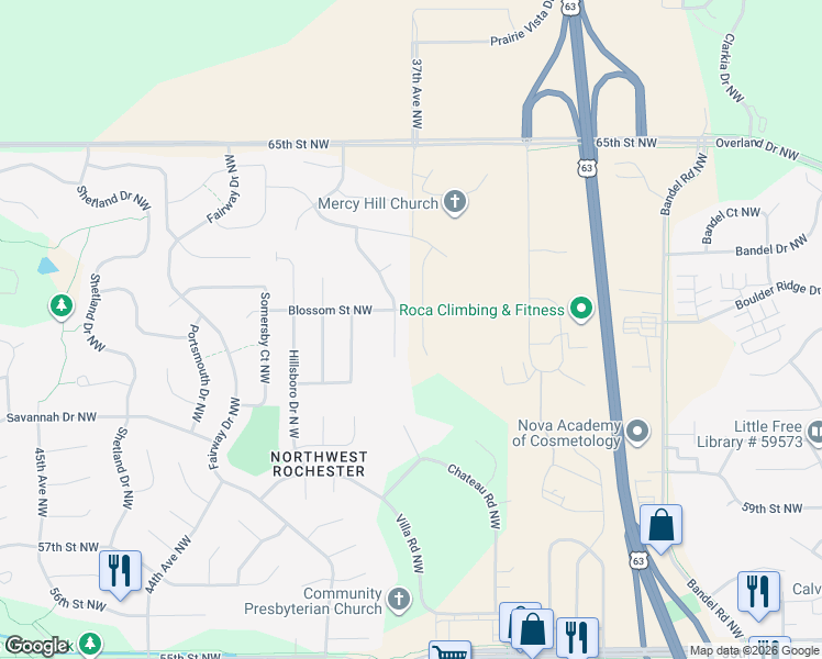 map of restaurants, bars, coffee shops, grocery stores, and more near 6126 Jonathan Lane Northwest in Rochester