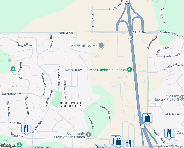 map of restaurants, bars, coffee shops, grocery stores, and more near 6126 Jonathan Lane Northwest in Rochester