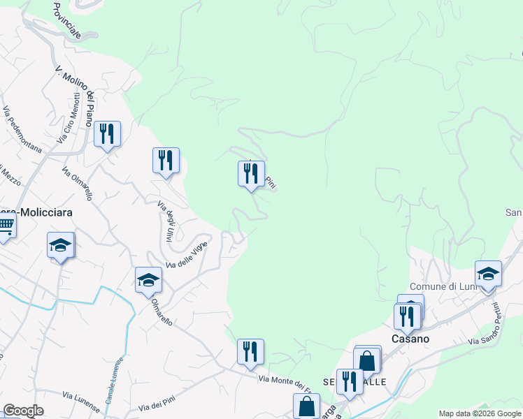 map of restaurants, bars, coffee shops, grocery stores, and more near 40 Via dei Pini in Provincia della Spezia