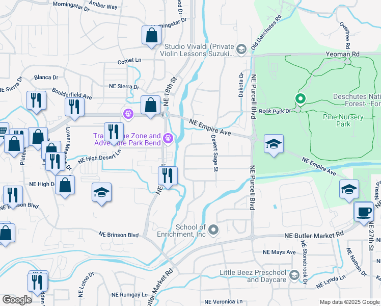 map of restaurants, bars, coffee shops, grocery stores, and more near 20886 Lupine Avenue in Bend
