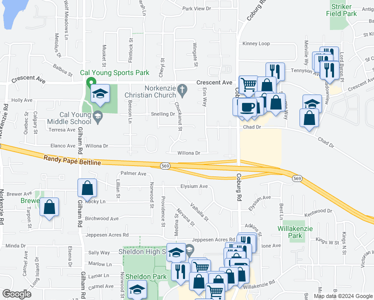map of restaurants, bars, coffee shops, grocery stores, and more near 2515 Willona Drive in Eugene