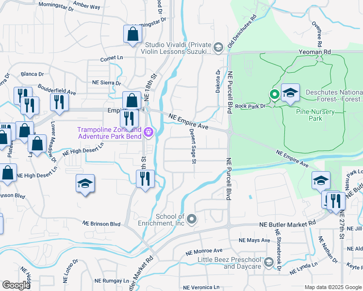 map of restaurants, bars, coffee shops, grocery stores, and more near 20916 Lupine Avenue in Bend