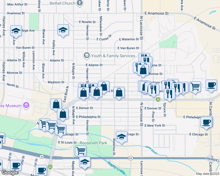 map of restaurants, bars, coffee shops, grocery stores, and more near 318 East Madison Street in Rapid City