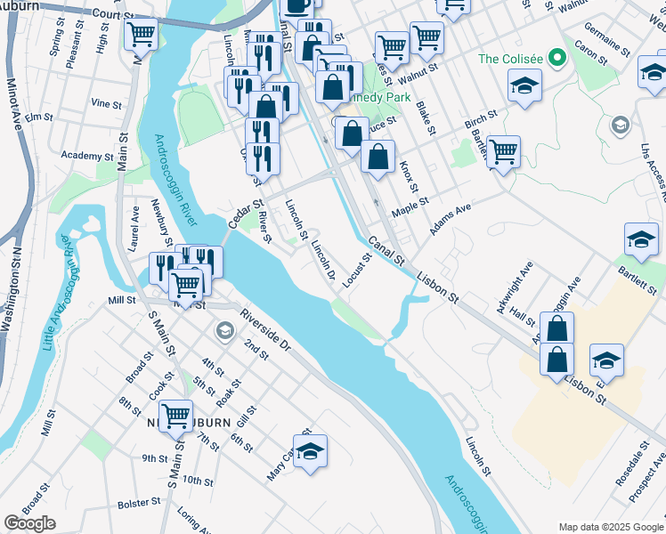 map of restaurants, bars, coffee shops, grocery stores, and more near 9 Lincoln Drive in Lewiston
