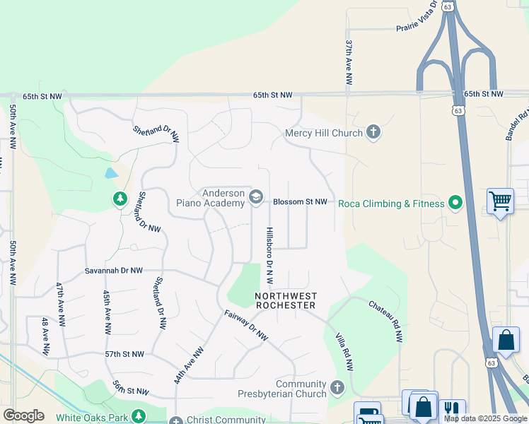 map of restaurants, bars, coffee shops, grocery stores, and more near 6182 Hillsboro Drive North West in Rochester