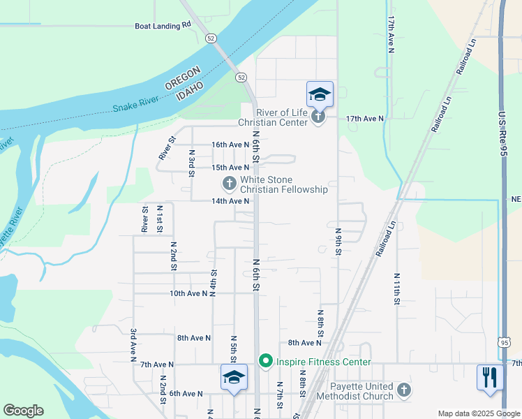 map of restaurants, bars, coffee shops, grocery stores, and more near 1405 North 6th Street in Payette
