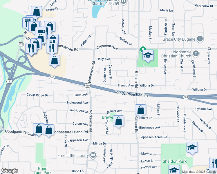 map of restaurants, bars, coffee shops, grocery stores, and more near 2420 Calgary Street in Eugene