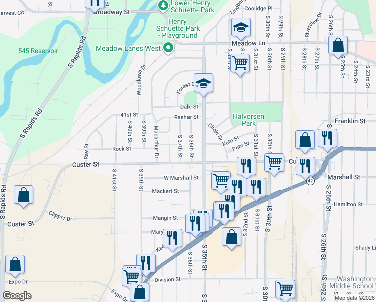 map of restaurants, bars, coffee shops, grocery stores, and more near 936 South 37th Street in Manitowoc