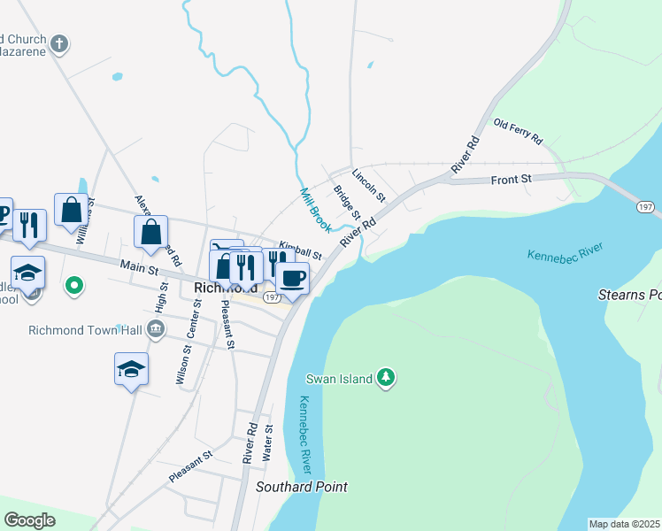 map of restaurants, bars, coffee shops, grocery stores, and more near 25 Front Street in Richmond