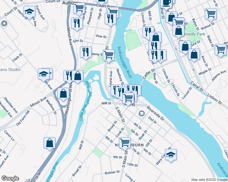 map of restaurants, bars, coffee shops, grocery stores, and more near 40 Laurel Avenue in Auburn