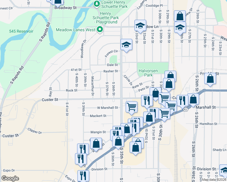 map of restaurants, bars, coffee shops, grocery stores, and more near 962 South 36th Street in Manitowoc