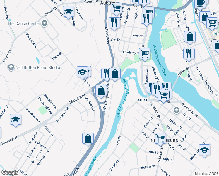 map of restaurants, bars, coffee shops, grocery stores, and more near 5 Washington Street North in Auburn