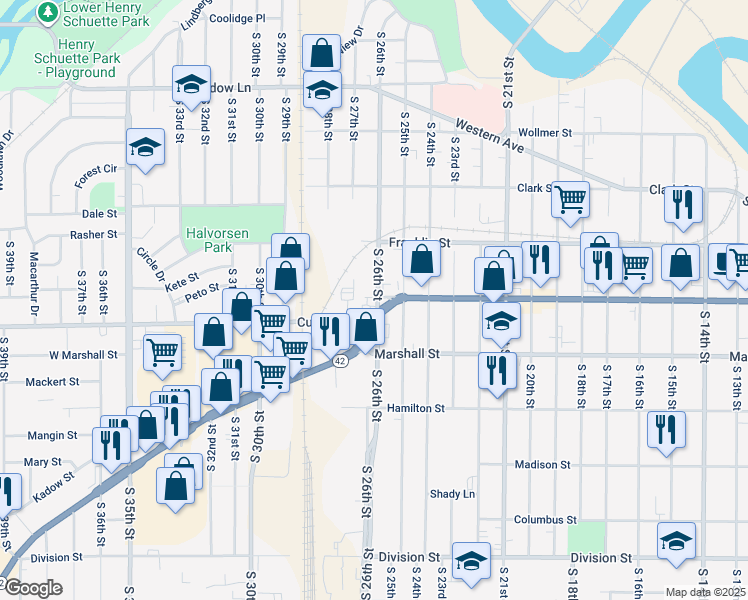 map of restaurants, bars, coffee shops, grocery stores, and more near 938 South 26th Street in Manitowoc