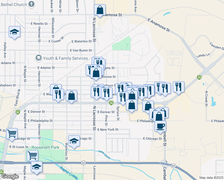 map of restaurants, bars, coffee shops, grocery stores, and more near 730 East Watertown Street in Rapid City
