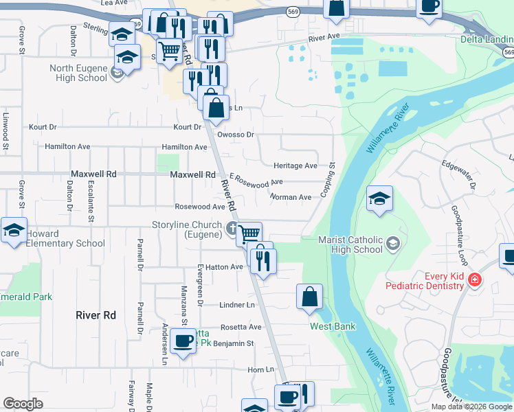 map of restaurants, bars, coffee shops, grocery stores, and more near 1609 Ono Avenue in Eugene