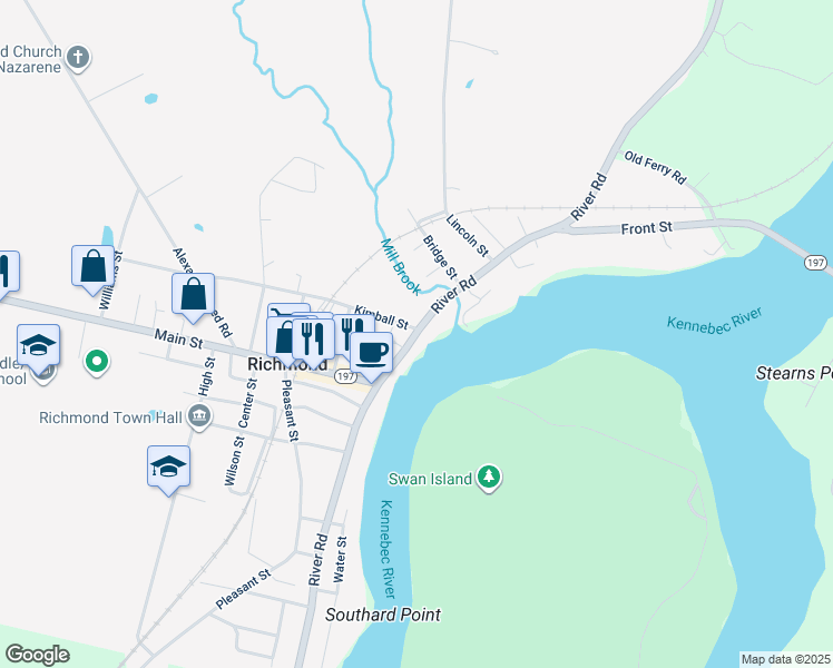 map of restaurants, bars, coffee shops, grocery stores, and more near 25 Front Street in Richmond