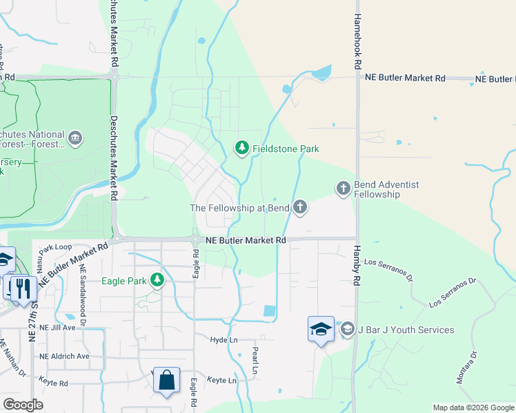 map of restaurants, bars, coffee shops, grocery stores, and more near 21460 Northeast Butler Market Road in Bend