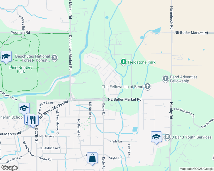 map of restaurants, bars, coffee shops, grocery stores, and more near 63030 Cole Road in Bend