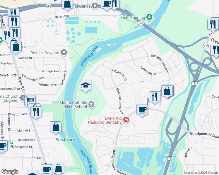 map of restaurants, bars, coffee shops, grocery stores, and more near 2579 Riverwalk Loop in Eugene