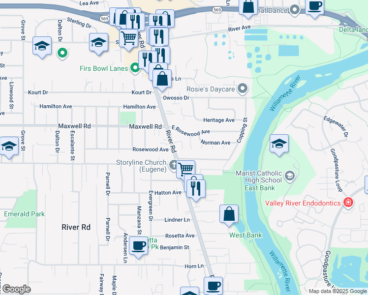 map of restaurants, bars, coffee shops, grocery stores, and more near 1657 River Road in Eugene