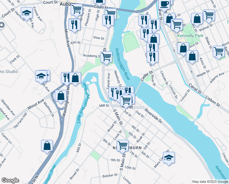 map of restaurants, bars, coffee shops, grocery stores, and more near 97 Newbury Street in Auburn