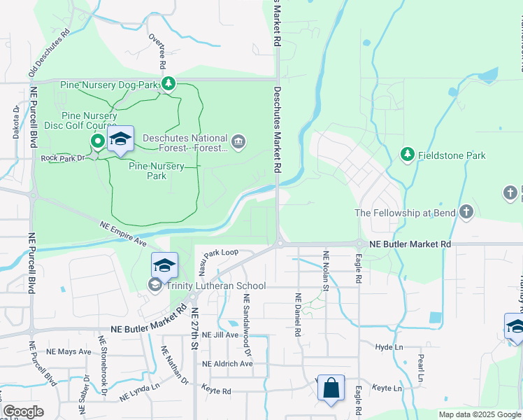 map of restaurants, bars, coffee shops, grocery stores, and more near 63047 Woodbridge Place in Bend