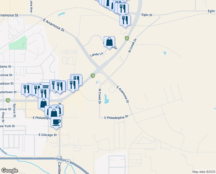 map of restaurants, bars, coffee shops, grocery stores, and more near 1711 East Anamosa Street in Rapid City