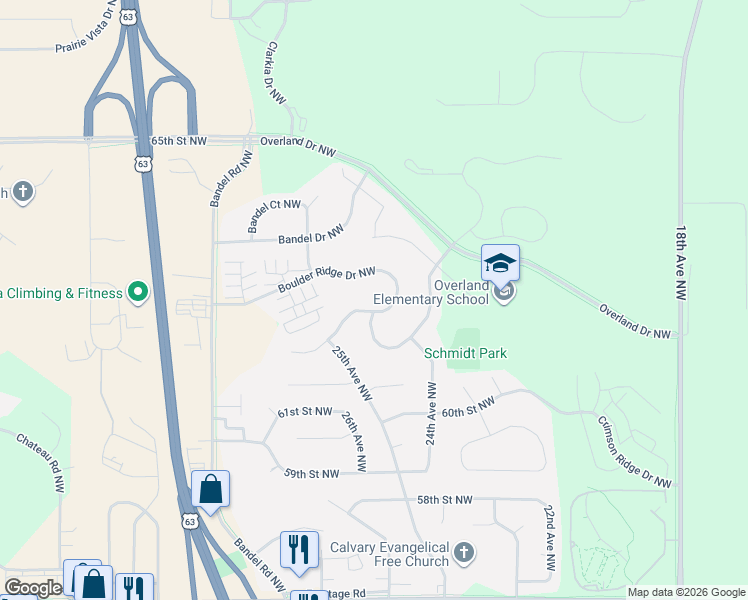 map of restaurants, bars, coffee shops, grocery stores, and more near 2744 Boulder Ridge Drive Northwest in Rochester