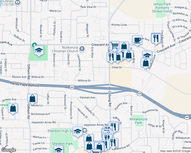 map of restaurants, bars, coffee shops, grocery stores, and more near 2445 Erin Way in Eugene