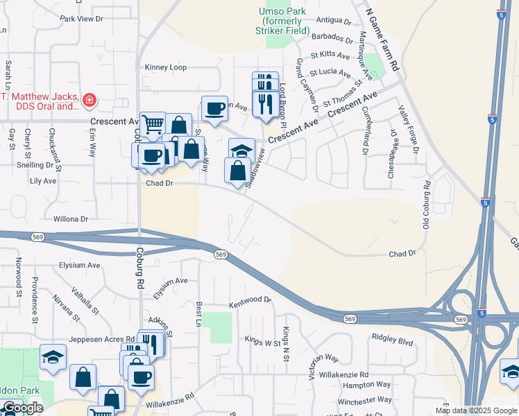 map of restaurants, bars, coffee shops, grocery stores, and more near 2898 Chad Drive in Eugene