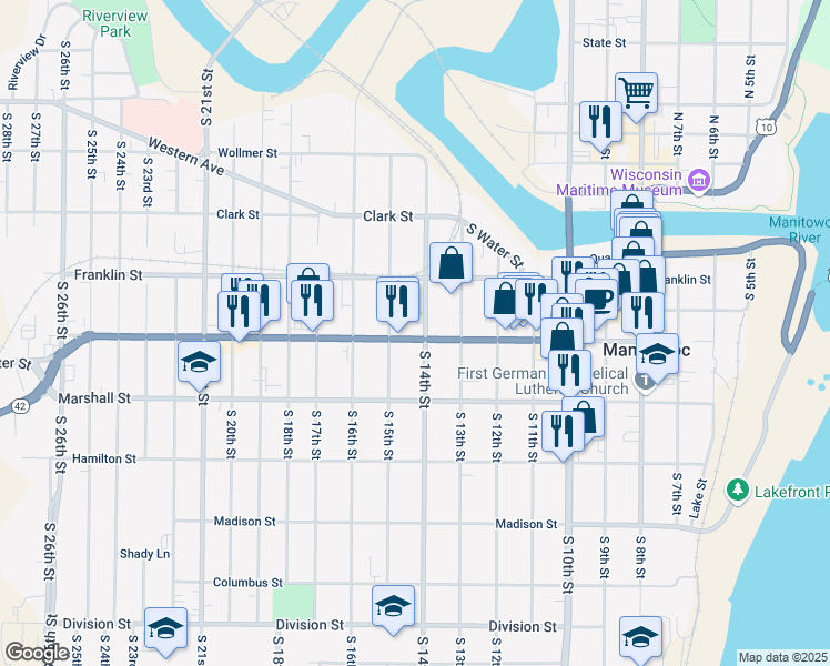 map of restaurants, bars, coffee shops, grocery stores, and more near 929 South 14th Street in Manitowoc