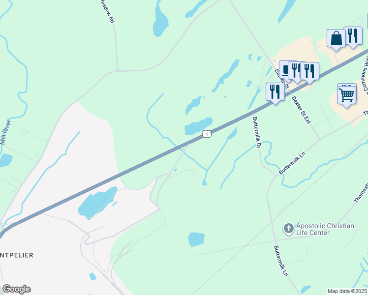map of restaurants, bars, coffee shops, grocery stores, and more near 107 New County Road in Thomaston