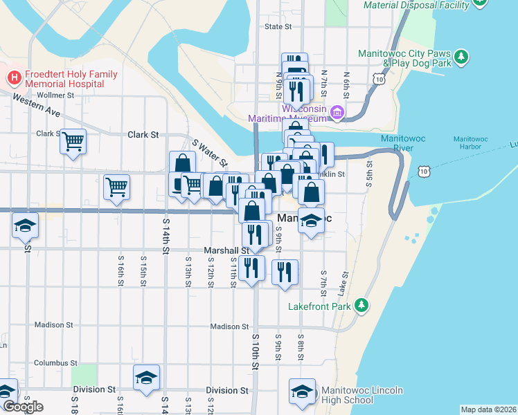map of restaurants, bars, coffee shops, grocery stores, and more near 924 Washington Street in Manitowoc