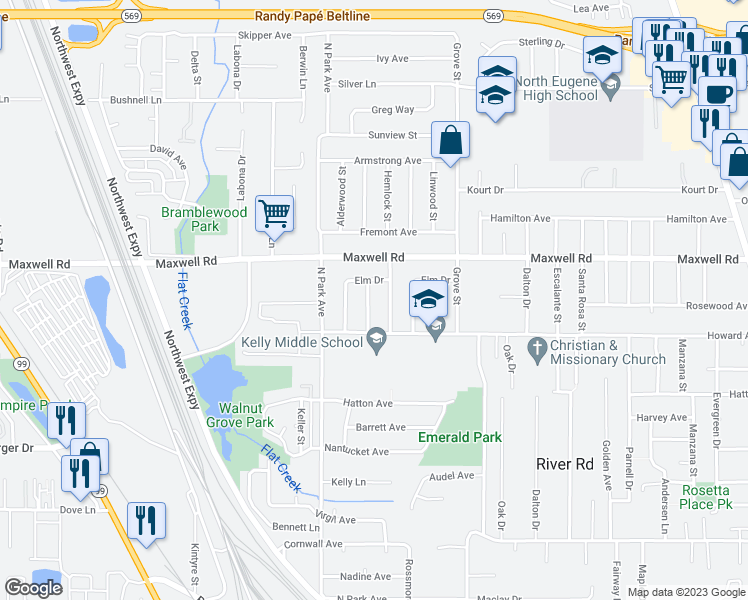 map of restaurants, bars, coffee shops, grocery stores, and more near 1563 Brentwood Avenue in Eugene