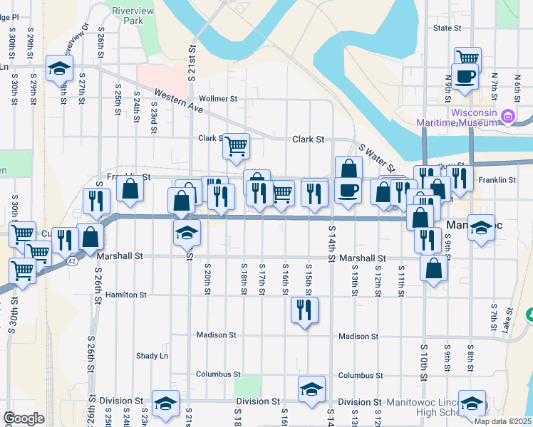 map of restaurants, bars, coffee shops, grocery stores, and more near 1710 Washington Street in Manitowoc