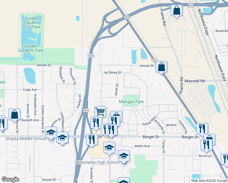map of restaurants, bars, coffee shops, grocery stores, and more near 2519 Cubit Street in Eugene