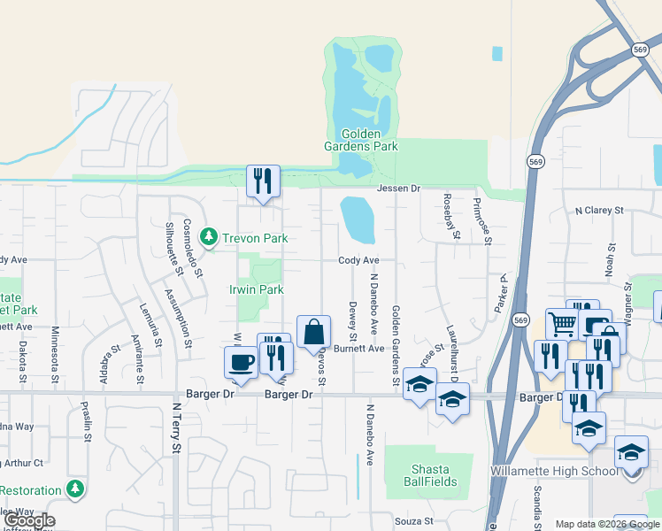 map of restaurants, bars, coffee shops, grocery stores, and more near 4735 Cody Avenue in Eugene