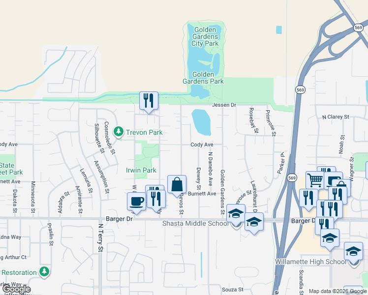 map of restaurants, bars, coffee shops, grocery stores, and more near 2212 Devos Street in Eugene
