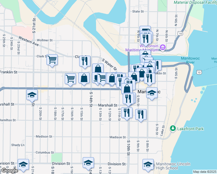 map of restaurants, bars, coffee shops, grocery stores, and more near 925 South 12th Street in Manitowoc