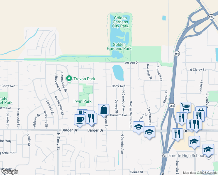 map of restaurants, bars, coffee shops, grocery stores, and more near 4735 Cody Avenue in Eugene