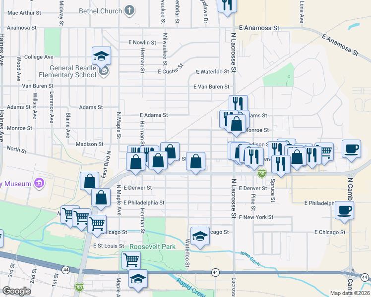 map of restaurants, bars, coffee shops, grocery stores, and more near 319 East Madison Street in Rapid City