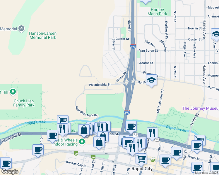 map of restaurants, bars, coffee shops, grocery stores, and more near 1120 Settlers Creek Place in Rapid City