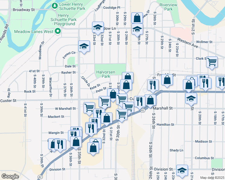 map of restaurants, bars, coffee shops, grocery stores, and more near 929 South 31st Street in Manitowoc