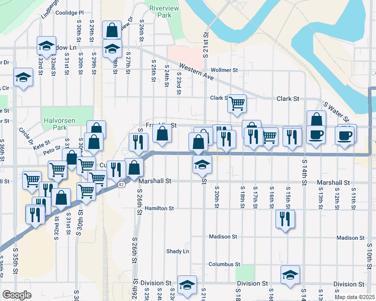 map of restaurants, bars, coffee shops, grocery stores, and more near 935 South 23rd Street in Manitowoc
