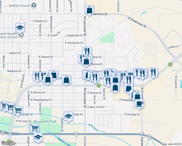 map of restaurants, bars, coffee shops, grocery stores, and more near 672 Pine Street in Rapid City
