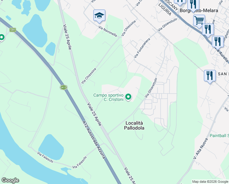 map of restaurants, bars, coffee shops, grocery stores, and more near 94 Via Fontananera in Sarzana