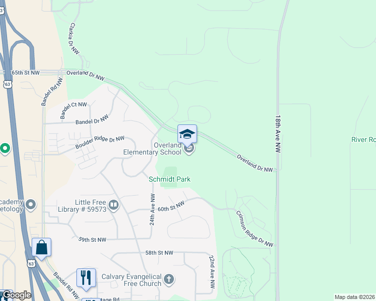 map of restaurants, bars, coffee shops, grocery stores, and more near 2300 Overland Drive Northwest in Rochester