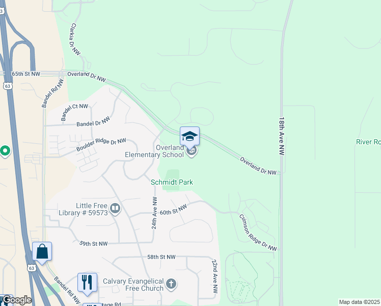 map of restaurants, bars, coffee shops, grocery stores, and more near 2300 Overland Drive Northwest in Rochester