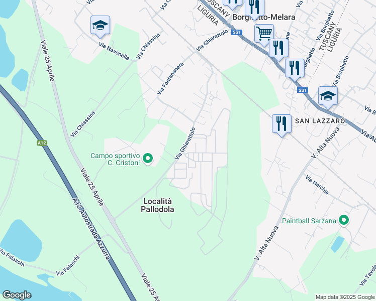 map of restaurants, bars, coffee shops, grocery stores, and more near 99 Via Ghiarettolo in Province of La Spezia