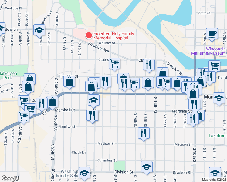 map of restaurants, bars, coffee shops, grocery stores, and more near 936 South 18th Street in Manitowoc